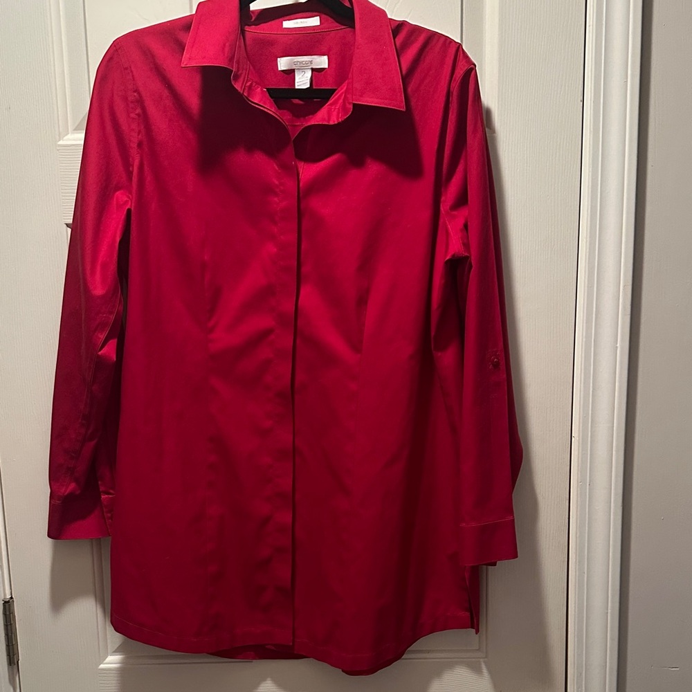 EUC Ladies Chico's No-Iron Long Sleeved Red Blouse